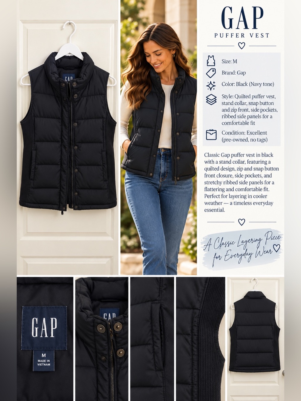 GAP Black Quilted Puffer Vest for Women